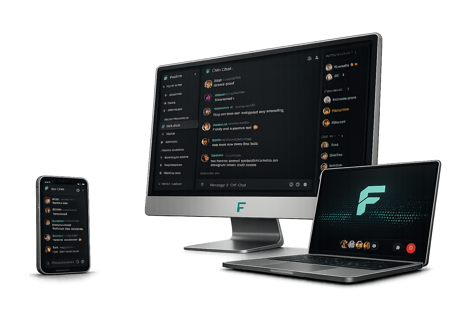 Faction app on monitor, laptop, and phone with chat callouts